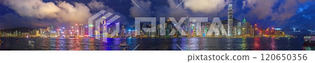 Panoramic nighttime view of illuminated Hong Kong skyline reflected in the water with vibrant city lights Panoramic nighttime view of illuminated Hong Kong skyline reflected in the water with vibrant city lights 120650356