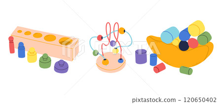 Educational toys for children. Vector illustration of eco children games. Insulated Montessori children toy. Flat style. 120650402