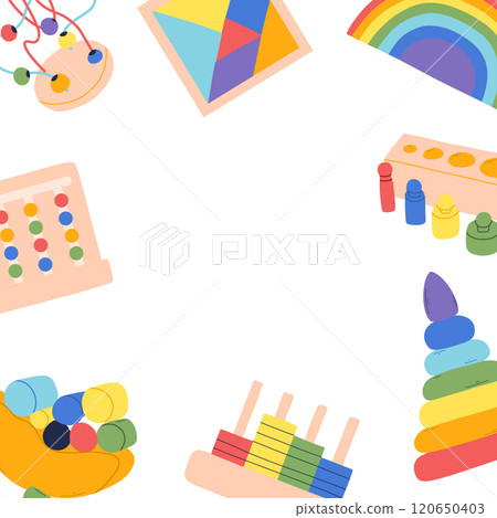 Template with Montessori toys with place for text. Vector illustration. Flat style. Template with text box and children's toys. Template with Montessori toys with place for text. Vector illustration. Flat style. Template with text box and children's toys. 120650403