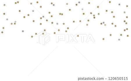 Little golden silver glittering star shaped confetti isolated on background. Falling tinsel. Festive party decoration. New Year, birthday, winner celebration concept. Vector illustration banner Little golden silver glittering star shaped confetti isolated on background. Falling tinsel. Festive party decoration. New Year, birthday, winner celebration concept. Vector illustration banner 120650515
