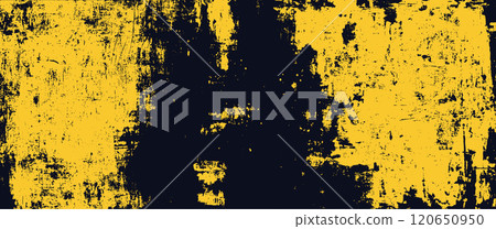 Vector yellow background with black paint brush strokes and grunge texture. Abstract splash effect with retro comic style design, featuring halftone pattern 120650950