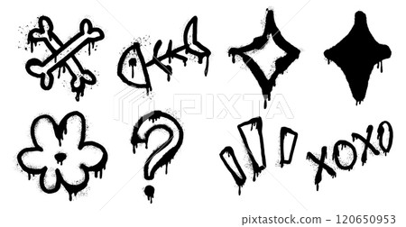 Urban vector art set featuring a skeleton fish, bone, sparkle, flower and question mark. This cool doodle combines grunge typography and abstract elements Urban vector art set featuring a skeleton fish, bone, sparkle, flower and question mark. This cool doodle combines grunge typography and abstract elements 120650953