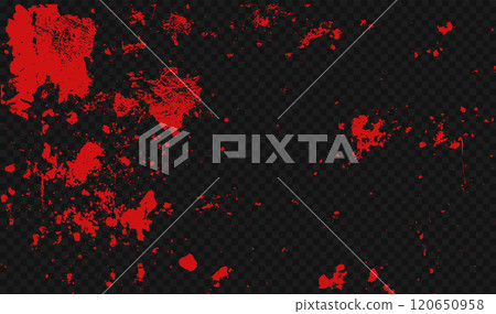 Vector blood splatter and splash with red ink stains. Horror design featuring drips, spatter, and wine puddle. Realistic texture on transparent background as a png 120650958