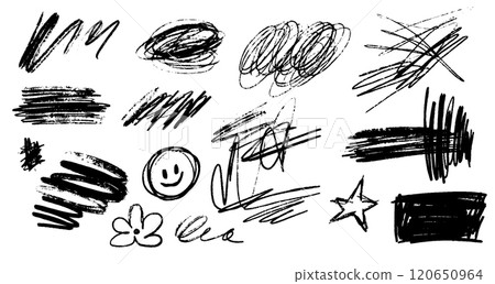 Vector punk art set featuring a messy flower and star scribble. Hand drawn smiley face with a rough texture. Abstract design using crayon and ink elements 120650964