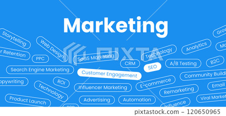 Modern corporate banner layout for business and conference use, featuring digital marketing themes. Includes storytelling, web design, CRM, SEO, PPC, analytics, and growth hacking 120650965