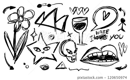 Whimsical vector set featuring a doodle of a messy flower, star, scull, heart, glass, mouth. Punkstyle design, scratchy lines, stylish doodles Whimsical vector set featuring a doodle of a messy flower, star, scull, heart, glass, mouth. Punkstyle design, scratchy lines, stylish doodles 120650974