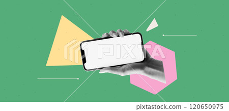 Geometric abstract bg with halftone collage elements. Hand hold phone with empty screen. App cover mockup. Bold and bright popart banner. Vector illustration in bright and bold trendy popart style 120650975
