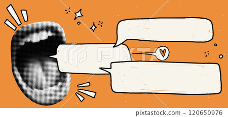 .Creative collage banner featuring a screaming mouth with speech balloon. Halftone texture and retro grunge style vector .Creative collage banner featuring a screaming mouth with speech balloon. Halftone texture and retro grunge style vector 120650976