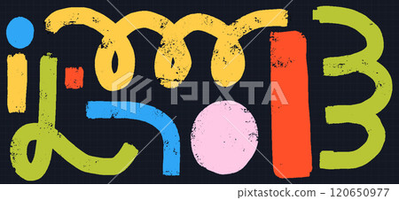 Grunge Ink Curvy Shapes Set. Playful Swirls, Spirals, and Wavy Brush Strokes in Abstract Vector. Colorful Graffiti Splash and Irregular Scribbles 120650977