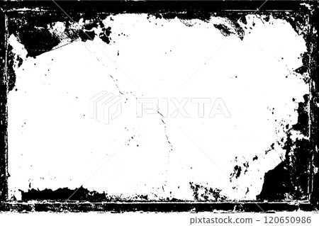 Vector retro photo frame with black brush border and rough paint strokes. Grunge abstract background with ink splatter and geometric pattern 120650986