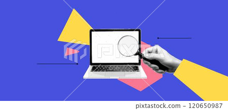 Geometric abstract bg with halftone collage elements. Hand hold magnifying glass and searching at the laptop screen. App cover mockup. Bold and bright popart banner. Vector illustration 120650987