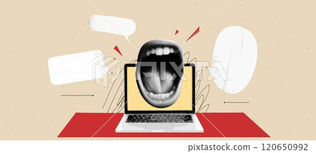 Workspace collage background with laptop and a scream mouth and speech bubbles. Retro beige and red colors. Dynamic cover. Vector tredny popart grunge illustration with scribble and dust paper bg. 120650992