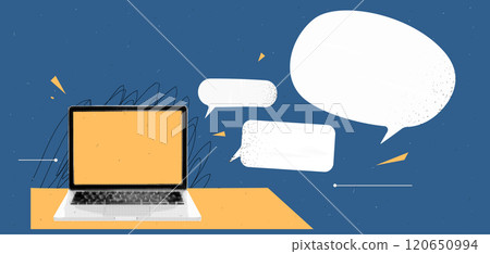 Collage graphic design banner with laptop mockup and speech bubbles. Ads background. Online talk concept with empty space for text. Popart trendy illustration with halftone elements. Vintage retro Collage graphic design banner with laptop mockup and speech bubbles. Ads background. Online talk concept with empty space for text. Popart trendy illustration with halftone elements. Vintage retro 120650994