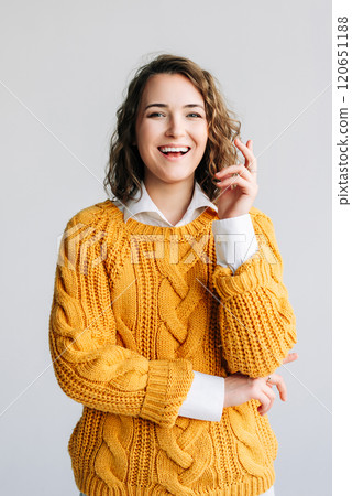 Young Woman Student with Eureka Idea. Happy, Clever, and Excited - Pointing Finger Up in Discovery - Young Woman Student with Eureka Idea. Happy, Clever, and Excited - Pointing Finger Up in Discovery - 120651188