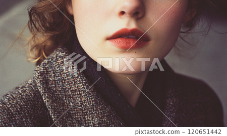 Close-up of a woman's lips with dark red lipstick. A girl in a woolen grey coat in autumn. A cropped portrait of a mysterious woman. Stylish lady. This is AI-generated item 120651442