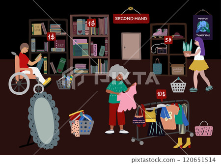 Second hand shop bipoc people vector artwork Second hand shop bipoc people vector artwork 120651514