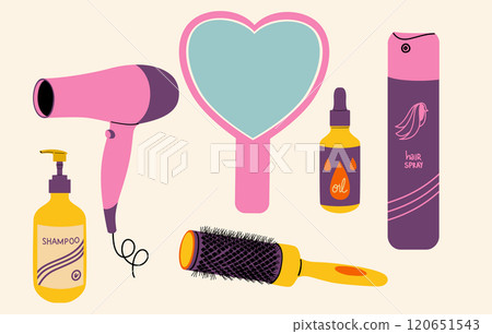 Daily hair care. Hair styling. Hair dryer, shampoo, hairspray. Daily hair care. Hair styling. Hair dryer, shampoo, hairspray. 120651543