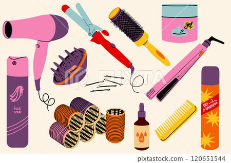 Hair styling tools and accessories. Hair accessories and hairstyles. 120651544
