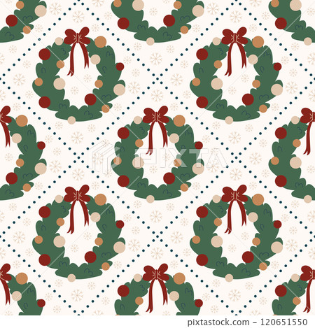 Simple Christmas vector seamless pattern. Christmas wreath illustration. Pattern in swatches. Vector illustration. 120651550