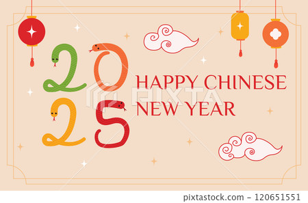 2025 year of the snake. Lunar new year banner. Chinese traditional lanterns and clouds. Asia oriental traditional greeting card. 120651551