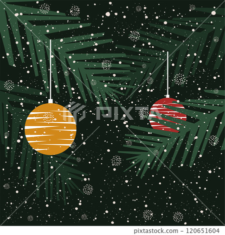 Merry Christmas and Happy New Year greeting card.Beautiful Xmas design with typography,Christmas tree branches,balls and snow.Text for cold season celebration.Winter days.Great for banners,wallpapers. 120651604