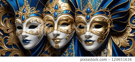 Fascinating masks with blue and gold jewellery decorations. Fascinating masks with blue and gold jewellery decorations. 120651636