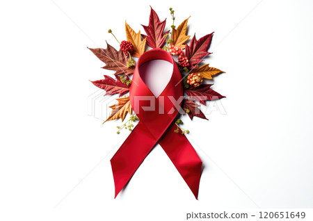 Red awareness ribbon with autumn leaves for december holiday designs. AI generation 120651649