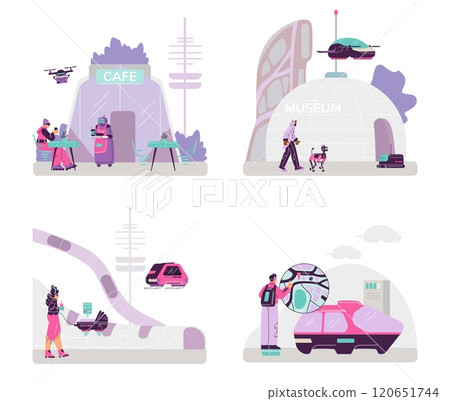Vector set with a smart city with robot waiter, robot dog, flying stroller, drone. Vector set with a smart city with robot waiter, robot dog, flying stroller, drone. 120651744