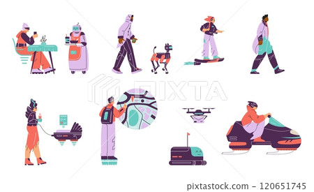 Vector set robot assistants helping people: a waiter, a drone, a flying stroller, a snowboard Vector set robot assistants helping people: a waiter, a drone, a flying stroller, a snowboard 120651745