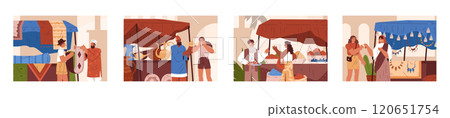 Oriental bazaar vector illustrations set, Eastern market trade tent with handmade carpets, jewelry, pottery and spices Oriental bazaar vector illustrations set, Eastern market trade tent with handmade carpets, jewelry, pottery and spices 120651754