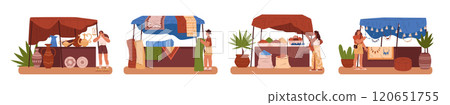 Vector oriental market with tents and lively shops with buyers, sellers and palm trees. Vector oriental market with tents and lively shops with buyers, sellers and palm trees. 120651755