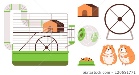 A set of illustrations showing a two-story cage with hamsters and various accessories. A set of illustrations showing a two-story cage with hamsters and various accessories. 120651771
