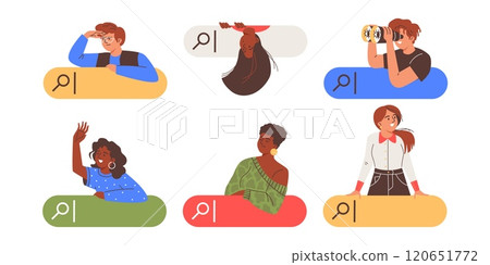 Vector set with curious young girls and boys using the search bar to find information. Vector set with curious young girls and boys using the search bar to find information. 120651772