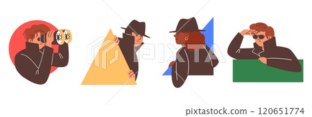 Vector set of illustrations with peeping people spies who look out from different geometric shapes. Vector set of illustrations with peeping people spies who look out from different geometric shapes. 120651774