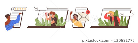 Vector set with young girls and boys peeping on their devices on a white background Vector set with young girls and boys peeping on their devices on a white background 120651775