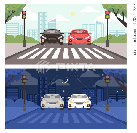 Cars are stopped in front of a pedestrian crossing. Cars are stopped in front of a pedestrian crossing. 120651780