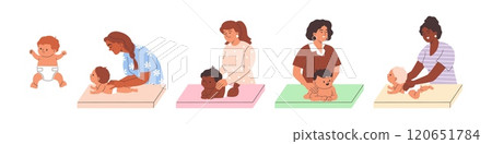 Woman therapist on diaper table making massage to baby, massage back treatment newborn health care therapy vector set 120651784
