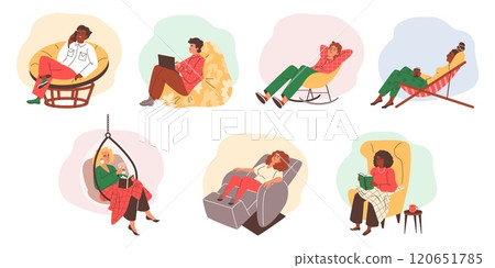 Vector set with girls and boys relaxing in comfortable armchairs on a white background. Vector set with girls and boys relaxing in comfortable armchairs on a white background. 120651785