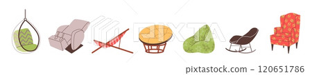 Relaxing chairs icons vector set, cartoon armchair, hanging or swing, massage lounge or beach chairs poof seat furniture Relaxing chairs icons vector set, cartoon armchair, hanging or swing, massage lounge or beach chairs poof seat furniture 120651786