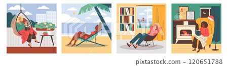 A vector set with girls and a guy resting on comfortable chairs. 120651788