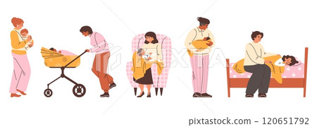 A vector collection of illustrations with mothers who carefully put their child to sleep 120651792