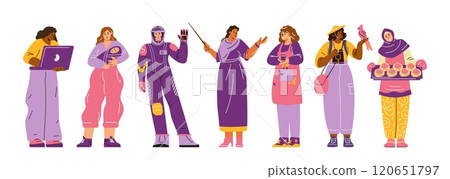 Vector illustration of women in various professions, including teacher, office worker, mother 120651797