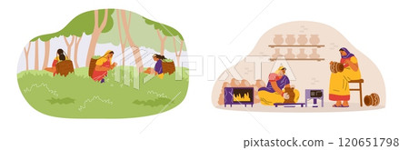 Vector set Indian women in traditional saris and shawls engaged in pottery, painting and harvesting Vector set Indian women in traditional saris and shawls engaged in pottery, painting and harvesting 120651798