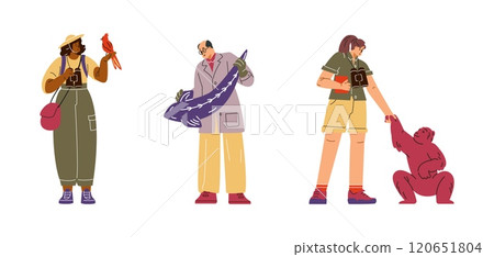 Vector illustration with wildlife researchers watching a bird, fish and monkey on a white background. Vector illustration with wildlife researchers watching a bird, fish and monkey on a white background. 120651804