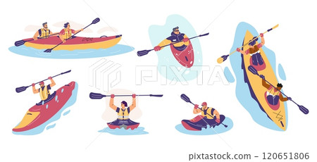 Vector kayaking set in which men and women hold oars in their hands and row. 120651806