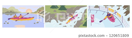 Vector set woman and a man kayaking: in a lake, a river, in the snow. 120651809