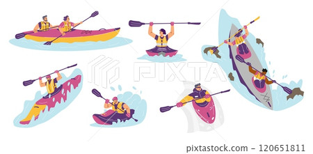 Kayaking or rafting sport, sportsmen rowing with paddle in kayaks at water, river stream, extreme activity vector set 120651811