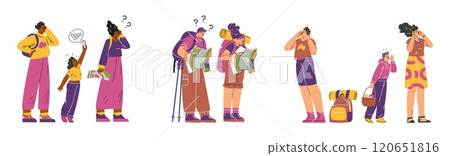 Vector set with confused travelers in need of help navigating on a white background Vector set with confused travelers in need of help navigating on a white background 120651816