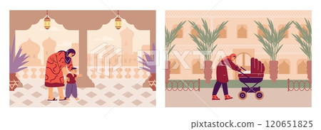 Illustration of a set depicting Muslim women in hijab with children against a cityscape. Illustration of a set depicting Muslim women in hijab with children against a cityscape. 120651825