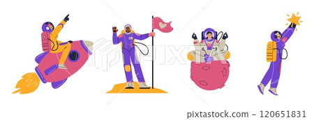 Vector icons female astronauts: flying on a rocket, sitting on a planet, placing a flag Vector icons female astronauts: flying on a rocket, sitting on a planet, placing a flag 120651831